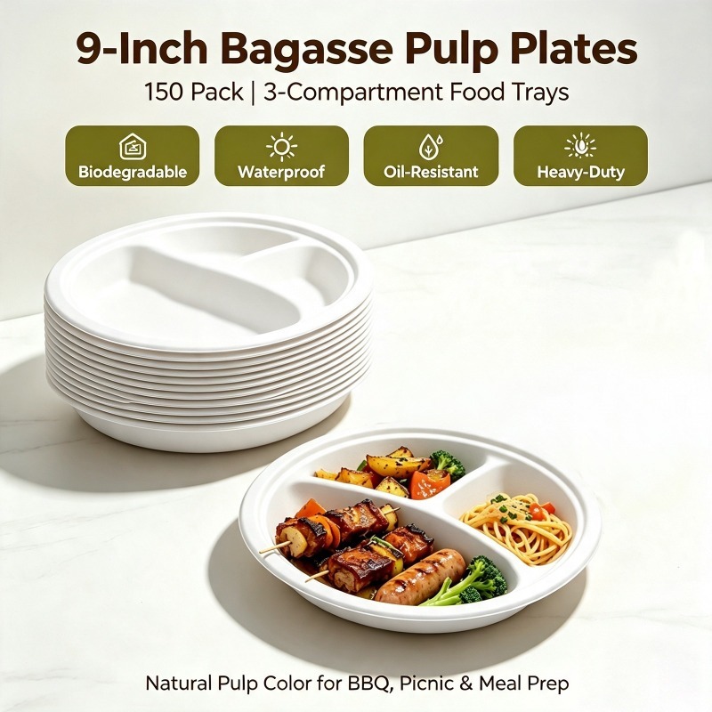 Meal Prep Menu - 150-Count 9 Inch Disposable 3-Compartment Bagasse